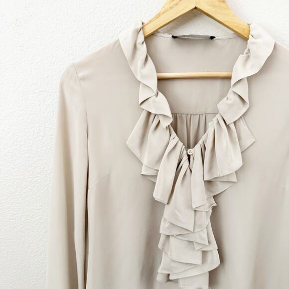 DEREK LAM | Beige Taupe Ruffle Front Blouse Top Shirt | Size 4 - Picture 3 of 8